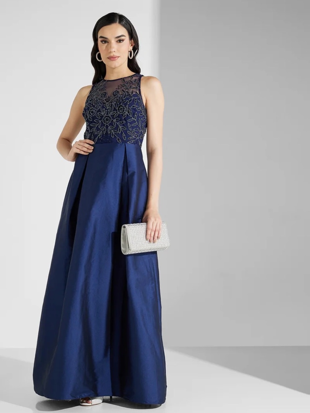 Adrianna Papell Navy Embroidered Mesh Bodice Maxi Gown